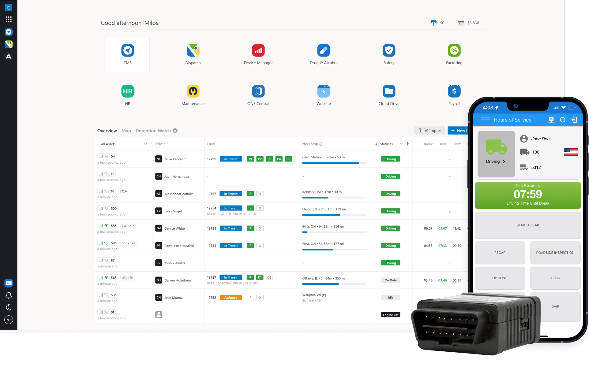 ELD Platform screenshot shown with mobile ELD app and OBD-II ELD device.