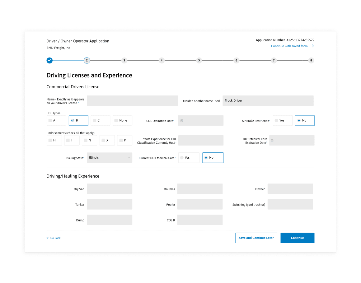 Hosted, DOT-compliant truck driver application screenshot.