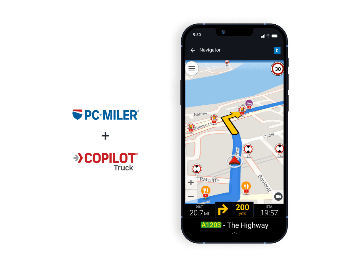 Mobile device showing integrated CoPilot truck navigation with PC*MILER and CoPilot Truck logos.