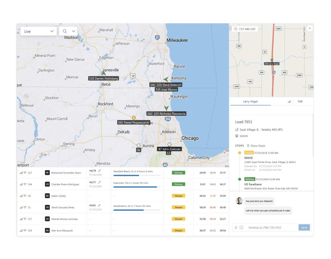 Trucking Dispatch Software screenshot showing trucks on a map with a table below with Hours of Service hours, dynamic ETAs. Overlaying the picture is right sidebar open with departure and arrival times for stops, mini map of the selected truck and small messenger window for SMS communication with driver.