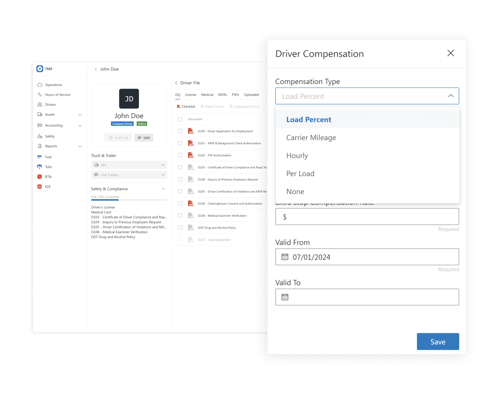 TMS software driver management screen displaying driver details, required documents, and Driver Qualification File (DQF) progress bar. Overlaid with driver compensation modal showing payment options like load percent, mileage, hourly, and per load.