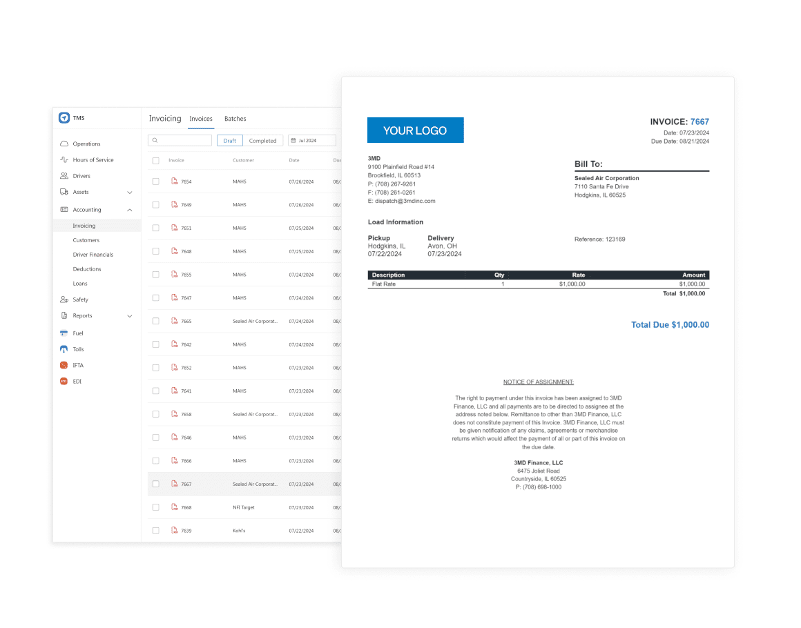 TMS software accounting screen displaying a list of customer invoices, overlaid with an invoice template where carriers can upload their logo and customize factoring text.
