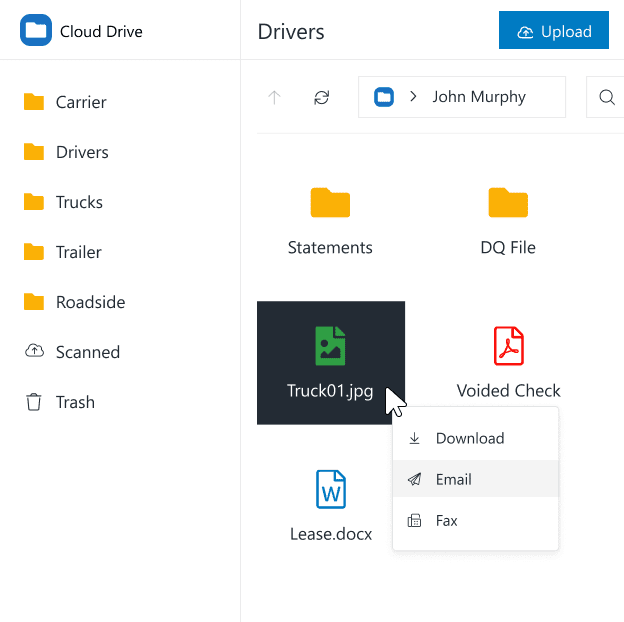 Cloud Drive software showing complete trucking file management solution with folders for carrier, driver, truck, trailer and roadside documents, all safely stored in the cloud and accessible from anywhere. Image shows ability to right-click on any file to download, e-mail or fax it.