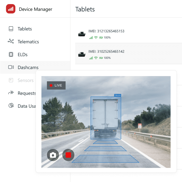 Device Manager (Mobile Device Management or MDM) software showing a list of AI dashcams overlaid with live-feed of a selected dashcam.