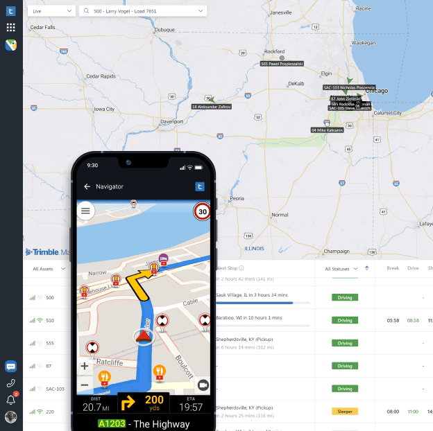 Dispatch Software for trucking showing a map with truck markers with a table below showing dynamic ETAs, HOS and current location. Overlaid with a driver's mobile app showing integrated CoPilot for turn-by-turn navigation.