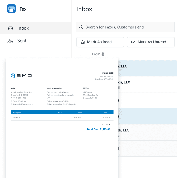 Cloud fax showing inbox and sent folders overlaid with a received fax in PDF.
