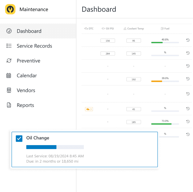 Maintenance software for trucking showing a live-snapshot of truck telematics, like DTC, oil PSI, coolant temperature and fuel level, overlaid with a preventive maintenance reminder showing truck is due to change oil in 2 months or 18,650 miles, which comes first.