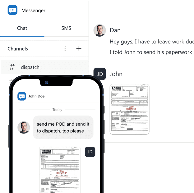 Messenger application for trucking showing dispatch and drivers communicating via chat and SMS in a dedicated #dispatch channel.