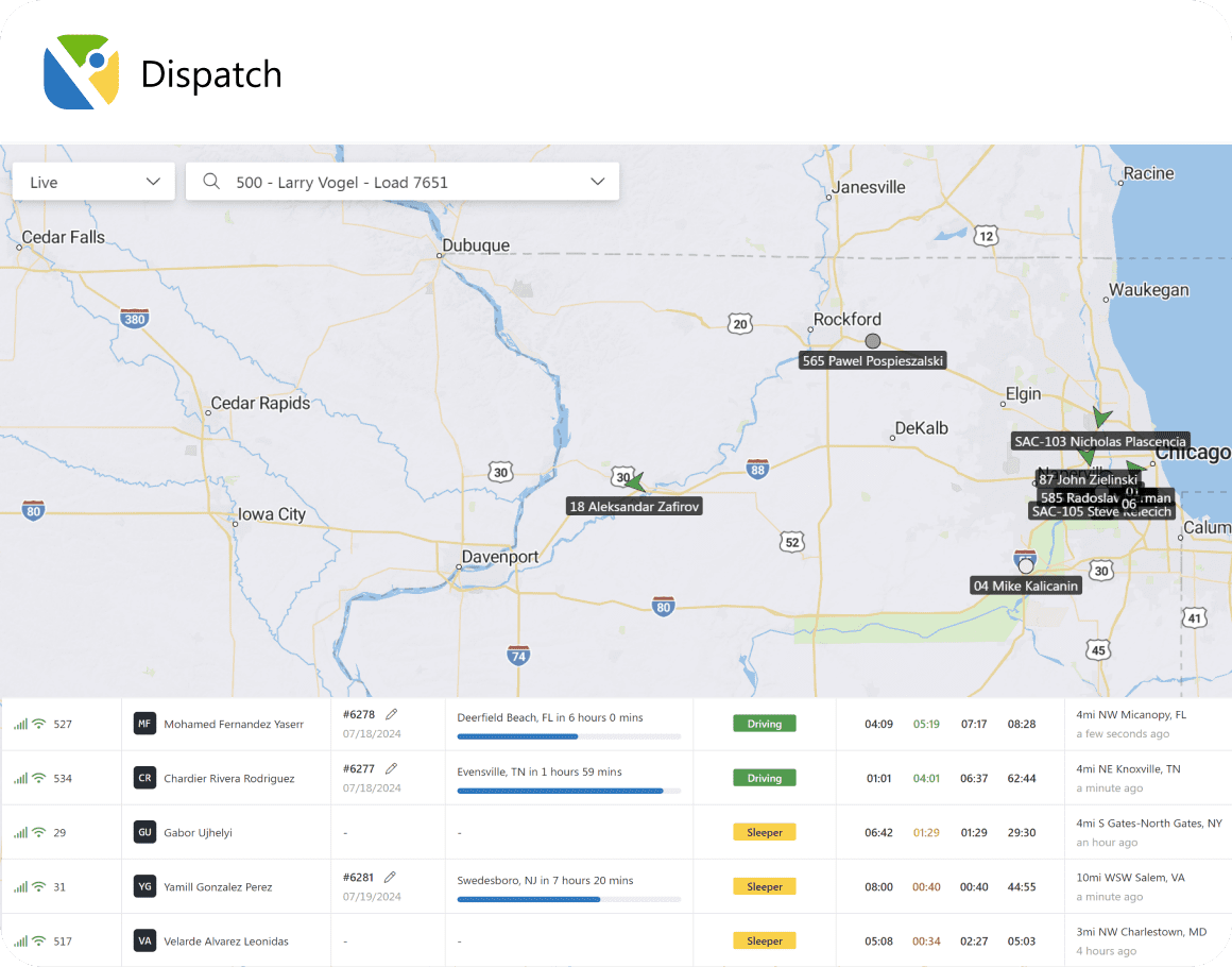 Dispatch app screenshot showing Trimble maps (PC*Miler) with live truck markers. Bottom panel displays trucks in a table with ETAs, HOS clocks, locations, and ELD/LTE connection status.