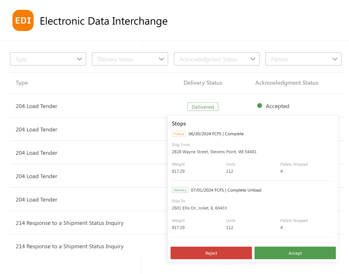 EDI app screenshot showing a list of 204 Load Tenders and 214 Shipment Status Responses. Overlaid with a tender offer featuring Accept and Reject buttons for seamless broker communication.