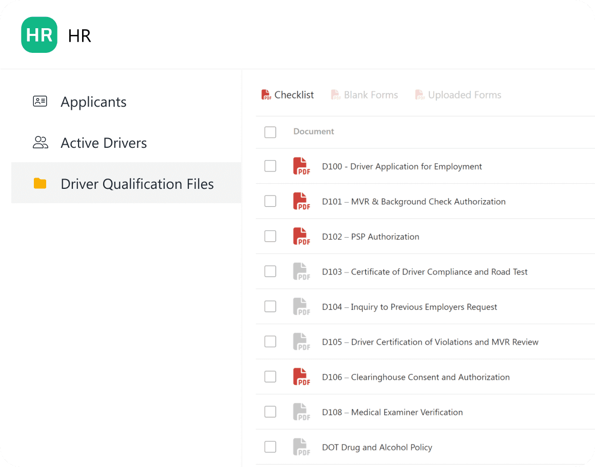 HR app screenshot showing Driver Qualification Files with documents like Application, MVR Authorization, PSP, Road Test, Drug Policy, and more. Menu includes Applicants and Active Drivers pages.