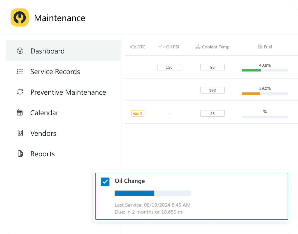 Maintenance app screenshot showing Dashboard with truck list displaying DTC codes, Oil PSI, Coolant Temp, and Fuel level. Notification for upcoming oil change. Menu includes Service Records, Preventive Maintenance, Calendar, Vendors, and Reports.