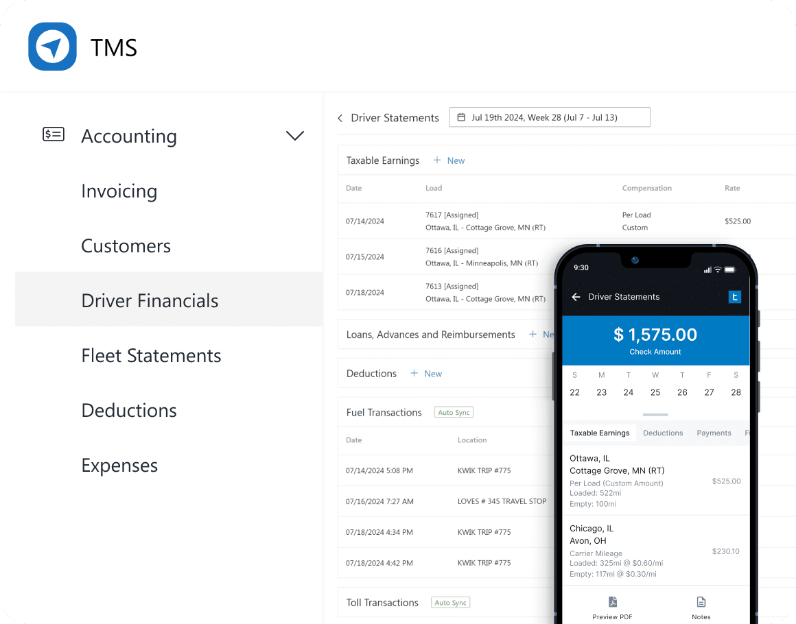 Screenshot from Driver Financials in Accounting showing editable driver statements, overlaid with mobile view of real-time driver access. Menu includes Invoicing, Customers, Fleet Statements, Deductions, Expenses, and Driver Financials.