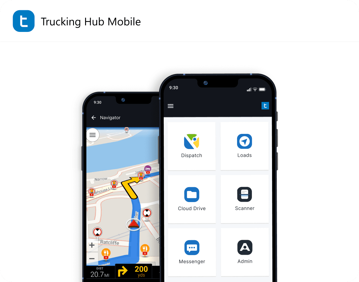 Trucking Hub Mobile screenshots showing CoPilot turn-by-turn navigation and main menu with Dispatch, Loads, Cloud Drive, Scanner, Messenger, and Admin pages on an overlaid phone display.