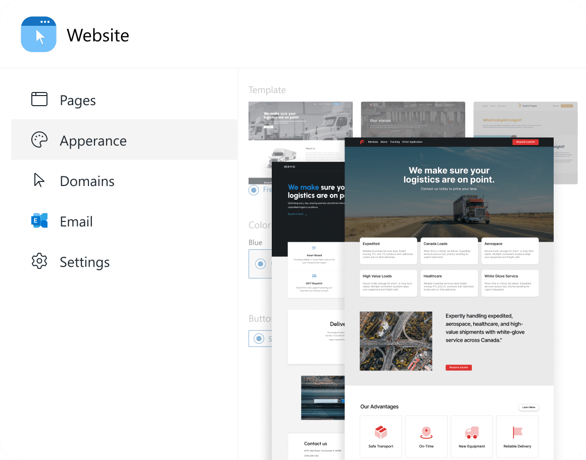 Website app screenshot showing Appearance page with options to choose template, colors, fonts, and button styles. Overlaid with two professional trucking website templates. Menu includes Pages, Domains, Email, and Settings.