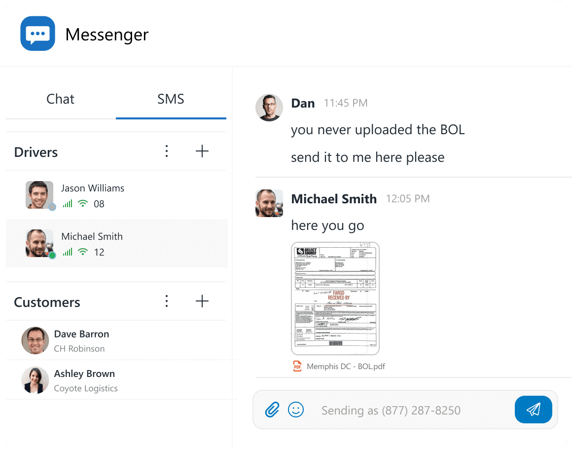 Messenger app screenshot with SMS tab selected, showing driver presence status and recent customer conversations. Right panel displays SMS thread where driver sends a POD via MMS. Chat tab also available.