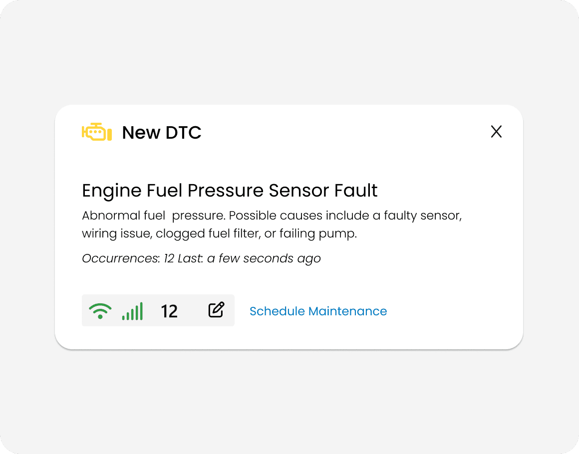 Popup showing a new DTC code for a truck showing engine fuel pressure is low and if the user wants to schedule maintenance.