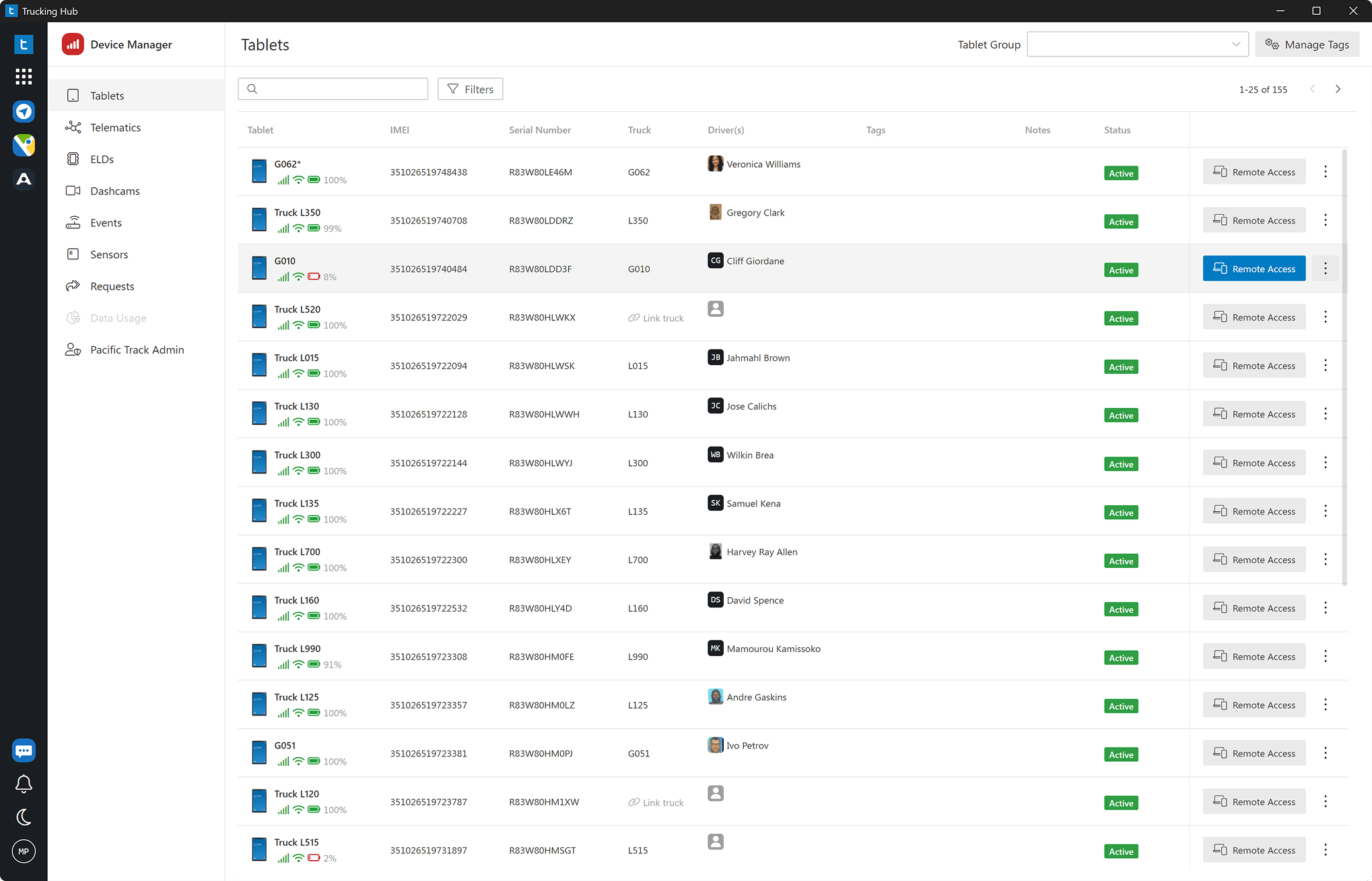 Mobile Device Management (MDM) screenshot showing list of online fleet tablets available for remote access and management.