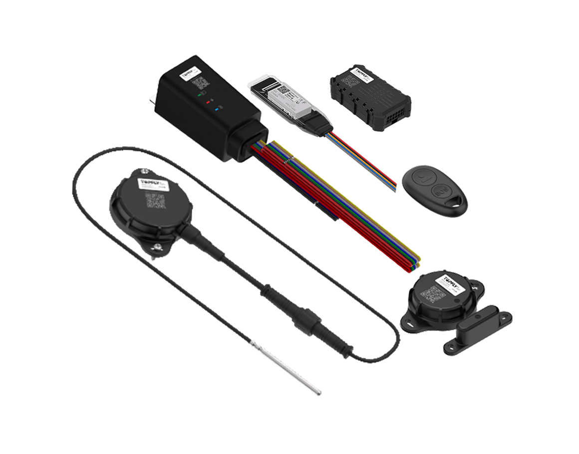 GPS tracker accessories (sensors, relays) shown
