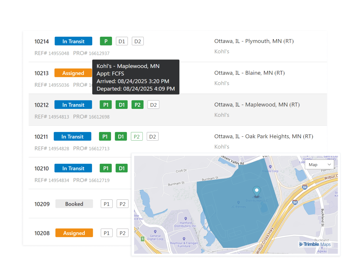 Stop Visibility in TMS (automated arrival and departure times, and detention notifications, powered by geofencing)
