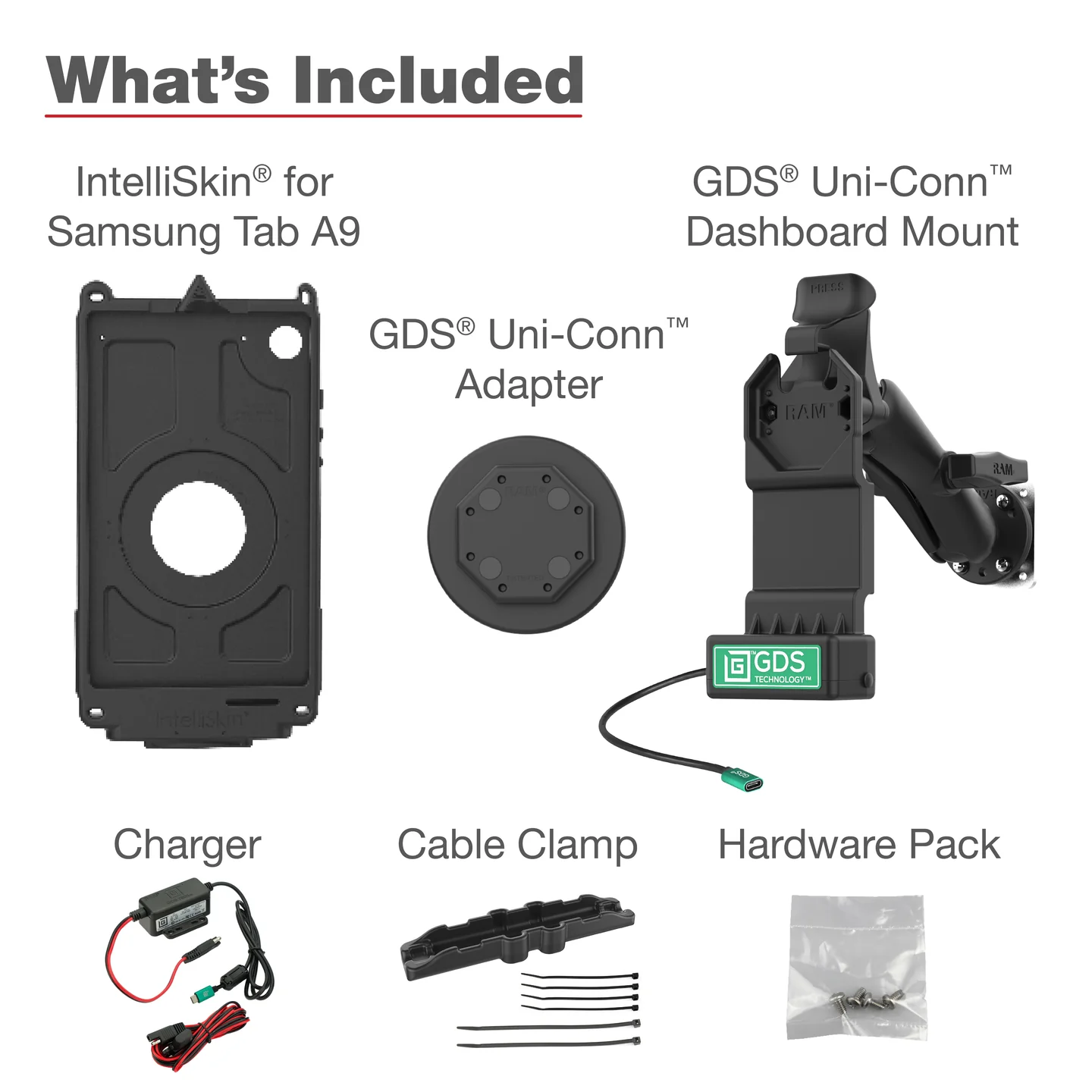 Shows what's included in RAM Mount bundle, showing IntelliSkin for Samsung Tab A9, GDS Uni-Conn Adapter, GDS Uni-Conn Dashboard Mount, Charger, Cable Clamp and Hardware Pack.