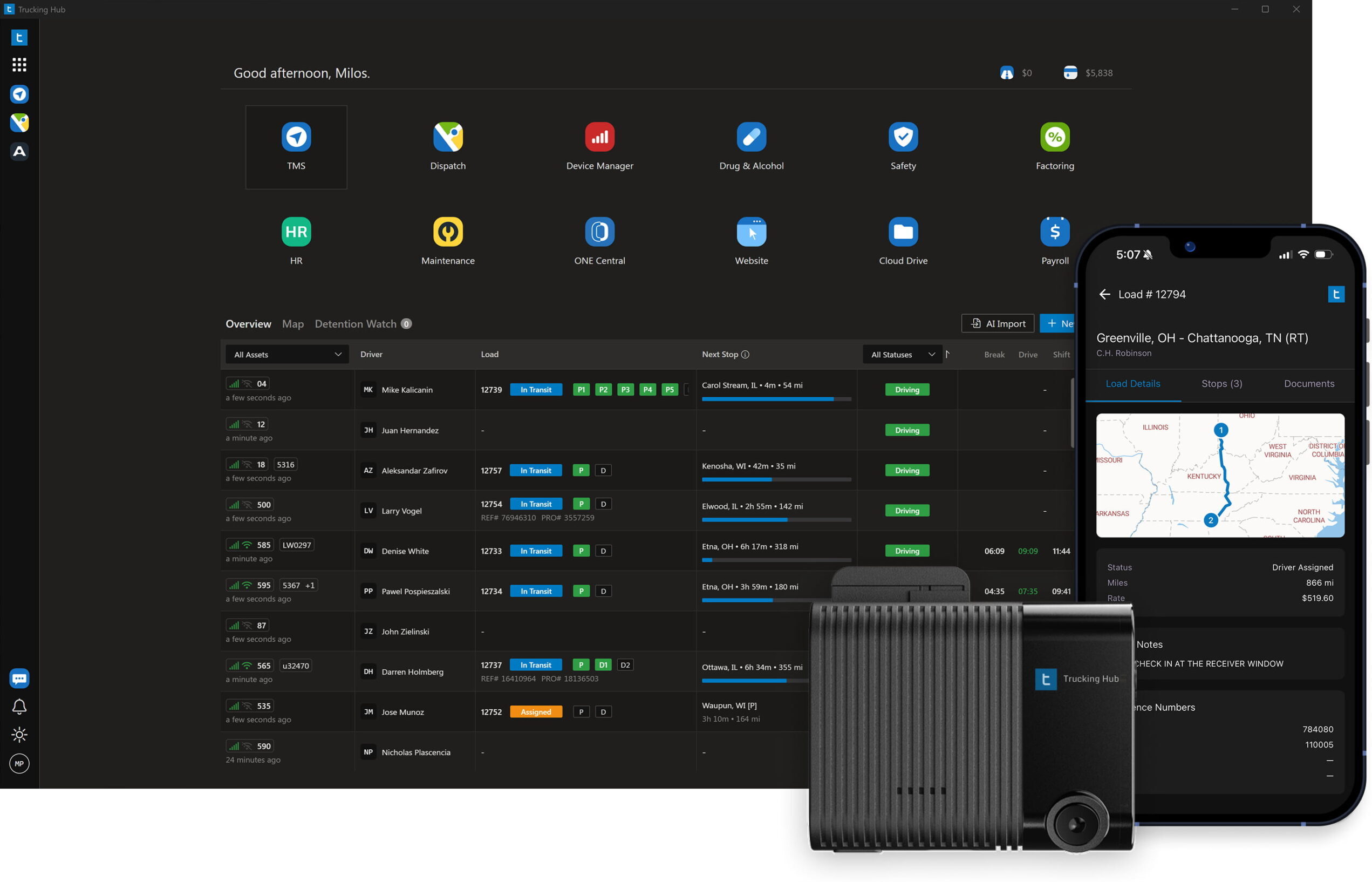 Trucking TMS Software overlaid with all-in-one ELD Dashcam and driver application show load information and route to showcase a complete trucking ecosystem.
